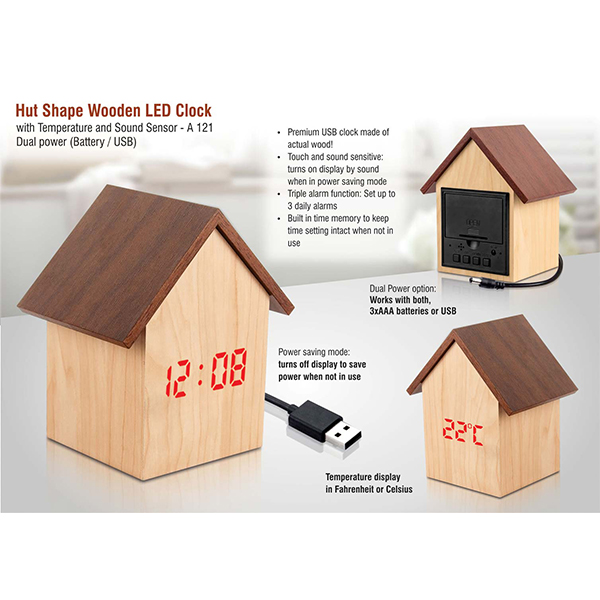 A121 – Hut Shape Wooden Led Clock With Temperature And Sound Sensor | Dual Power