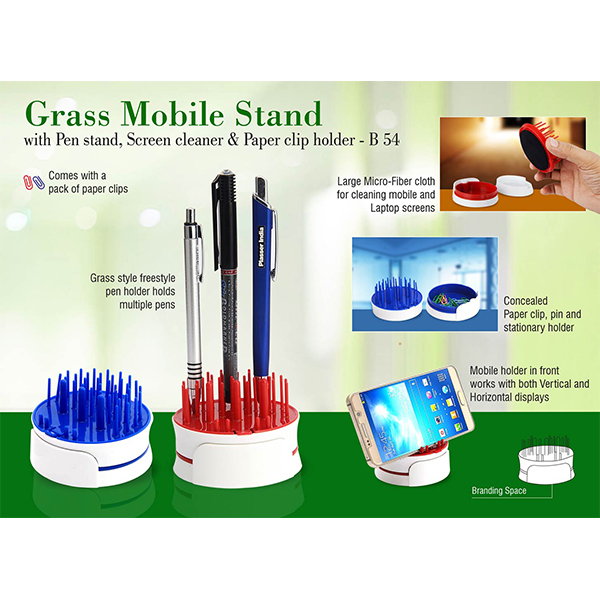 B54 – Grass Mobile Stand With Pen Stand, Screen Cleaner & Paper Clip Holder