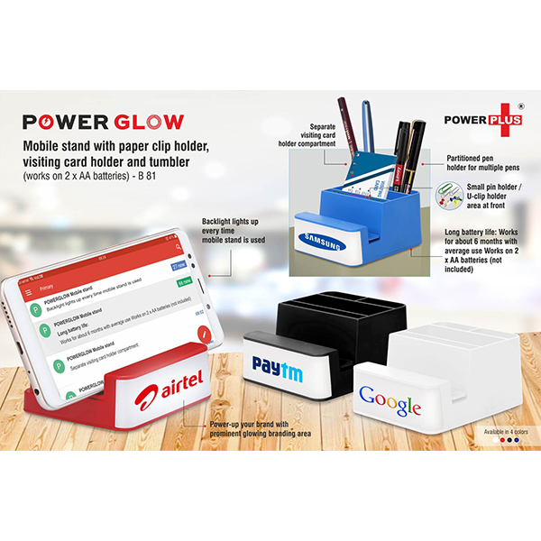 B81 – Powerglow Mobile Stand With Paper Clip Holder, Visiting Card Holder And Tumbler (Works On 2 X Aa Batteries)