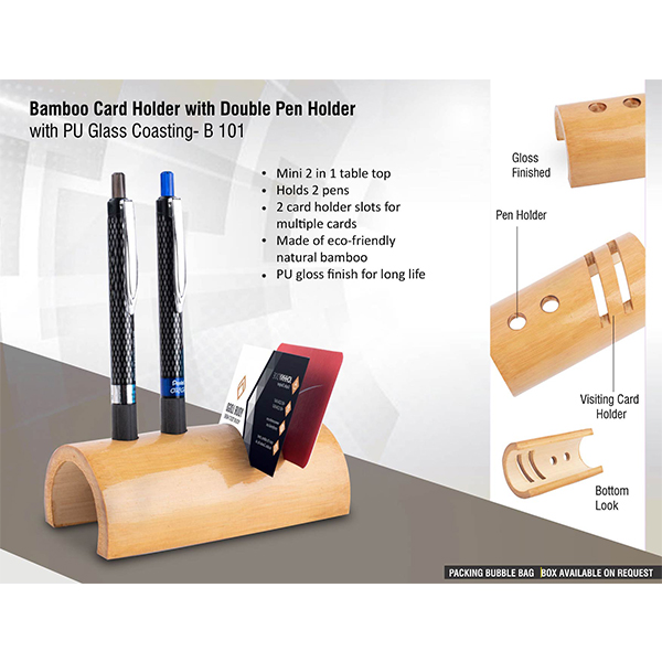 B101 – Bamboo Card Holder With Double Pen Holder
