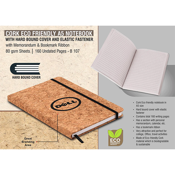 B107 – Cork Eco Friendly A5 Notebook With Hard Bound Cover And Elastic Fastener | With Memorandum & Bookmark Ribbon