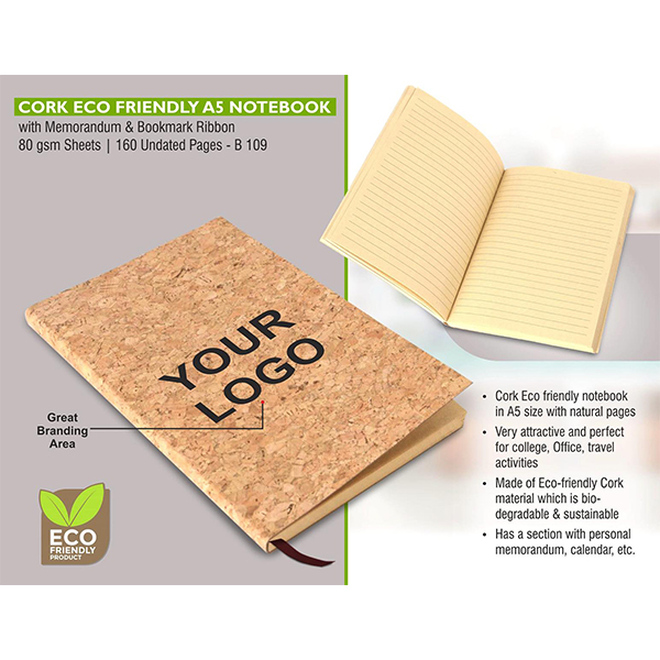 B109 – Cork Eco Friendly A5 Notebook With Memorandum & Bookmark Ribbon|