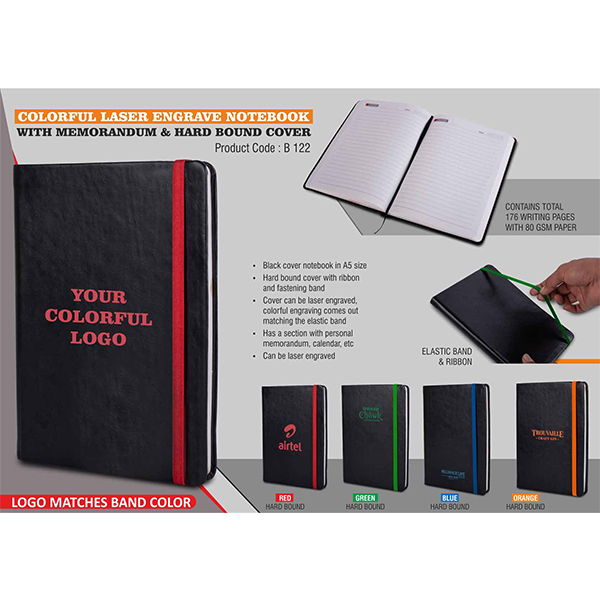 B122 – Colorful Laser Engrave Notebook With Memorandum & Hard Bound Cover | Elastic Band And Ribbon