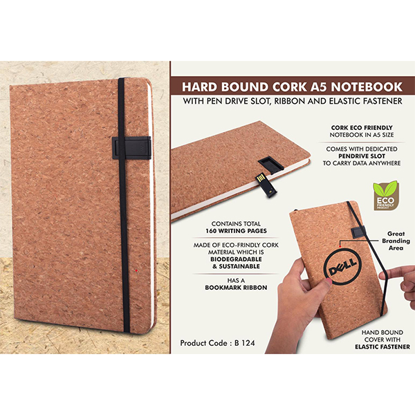 B124 – Hard Bound Cork A5 Notebook With Pen Drive Slot, Ribbon And Elastic Fastener
