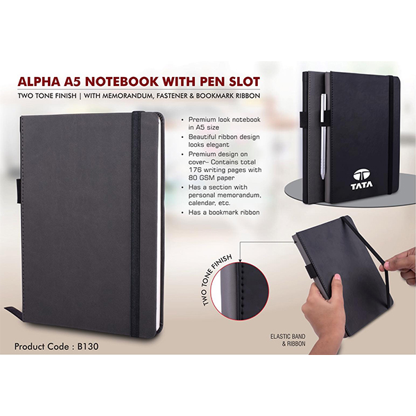 B130 – Alpha A5 Notebook With Pen Slot | Two Tone Finish | With Memorandum, Fastener & Bookmark Ribbon
