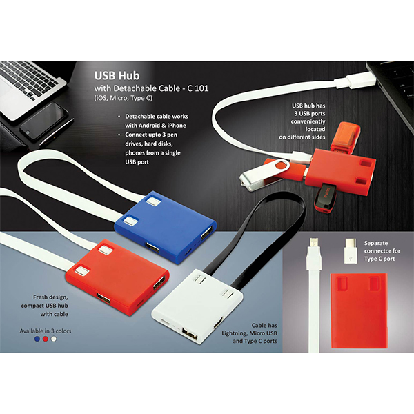 C101 – Usb Hub With Detachable Cable (Ios, Micro, Type C) | 3 Usb Ports