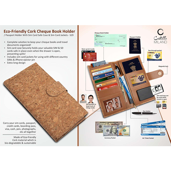 S19 – Eco-Friendly Cork Cheque Book Holder / Passport Holder With Sim Card Safe Case & Sim Card Jackets