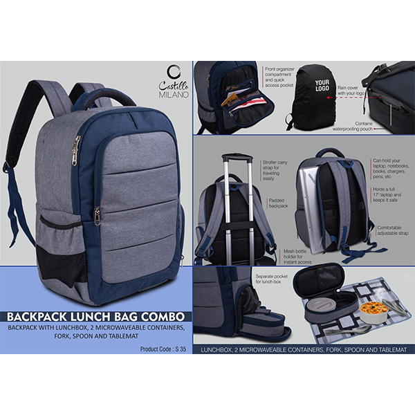 S35 – Backpack Lunch Bag Kit Combo : Backpack With Lunchbox, 2 Microwaveable Containers, Fork, Spoon And Tablemat