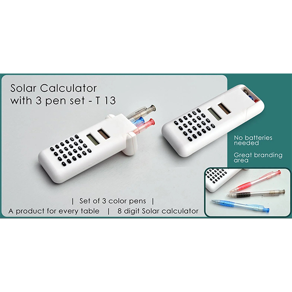 T13 – Solar Calculator With 3 Pen Set