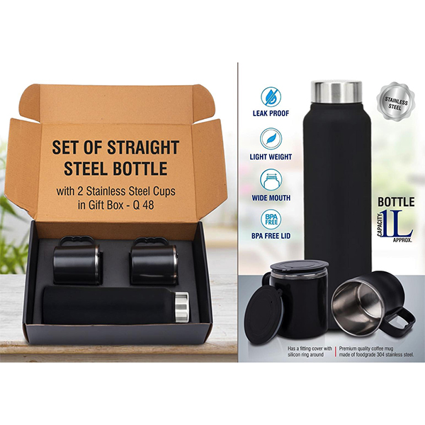 Q48 – Set Of Black Stainless Steel Bottle With 2 Stainless Steel Cups In Gift Box | Bottle Capacity 1L Approx