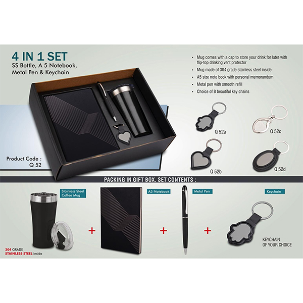 Q52 – 4 In 1 Set: Tall Sipper Mug In 304 Steel, Metal Pen, A5 Notebook And Keychain