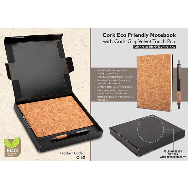 Q60 – Cork Notebook With Cork Grip Velvet Touch Pen | Gift Set In Black Texture Box