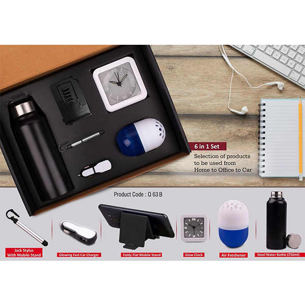 Q63B – 6 In 1 Set: Steel Water Bottle (750Ml), Adjustable Mobile Stand, Jack Stylus With Mobile Stand, Glowing Fast Car Charger, Glow Clock, Air Freshener
