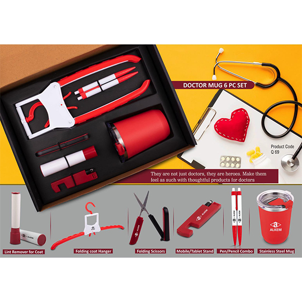 Q69 – Doctor Mug Set: Folding Coat Hanger, Lint Remover, Folding Scissors, Mobile/Tablet Stand, Pen/Pencil Combo, Stainless Steel Mug | 6 Pc Set
