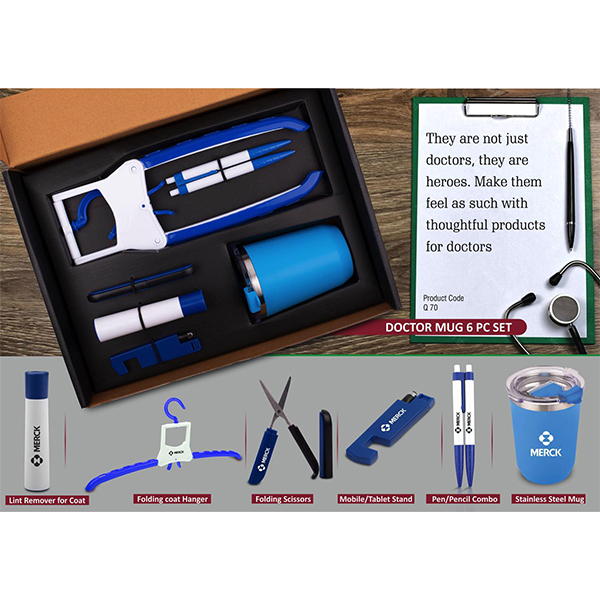Q70 – Doctor Mug Set: Folding Coat Hanger, Lint Remover, Folding Scissors, Mobile/Tablet Stand, Pen/Pencil Combo, Stainless Steel Mug | 6 Pc Set