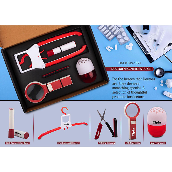 Q71 – Doctor Magnifier Set: Folding Coat Hanger, Lint Remover, Folding Scissors, Led Magnifier, Capsule Shape Air Freshener | 5 Pc Set