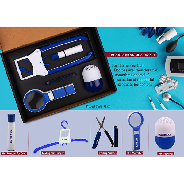 Q72 – Doctor Magnifier Set: Folding Coat Hanger, Lint Remover, Folding Scissors, Led Magnifier, Capsule Shape Air Freshener | 5 Pc Set