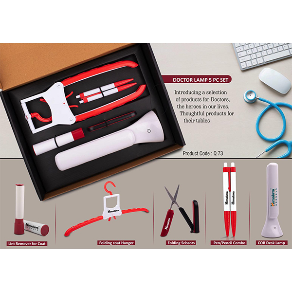 Q73 – Doctor Lamp Set: Folding Coat Hanger, Lint Remover, Folding Scissors, Pen/Pencil Combo, Cob Desk Lamp