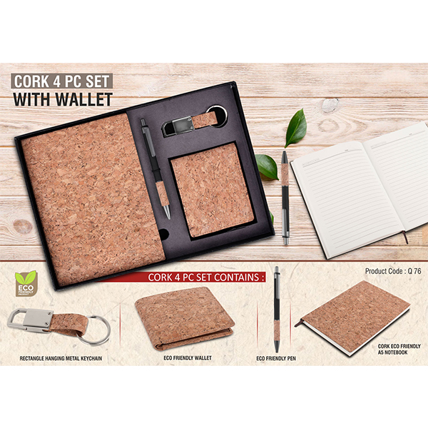 Q76 – Cork 4 Pc Set: Cork Notebook With Wallet, Pen And Keychain