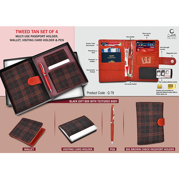 Q79 – Tweed Tan Set Of 4: Multi Use Passport Holder, Wallet, Card Holder, Metal Pen