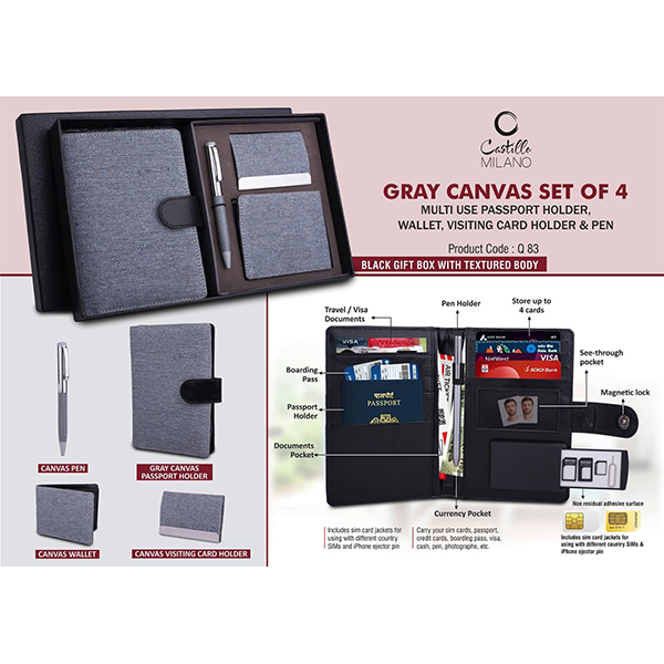 Q83 – Canvas Gray Set Of 4: Multi Use Passport Holder, Wallet, Card Holder, Metal Pen
