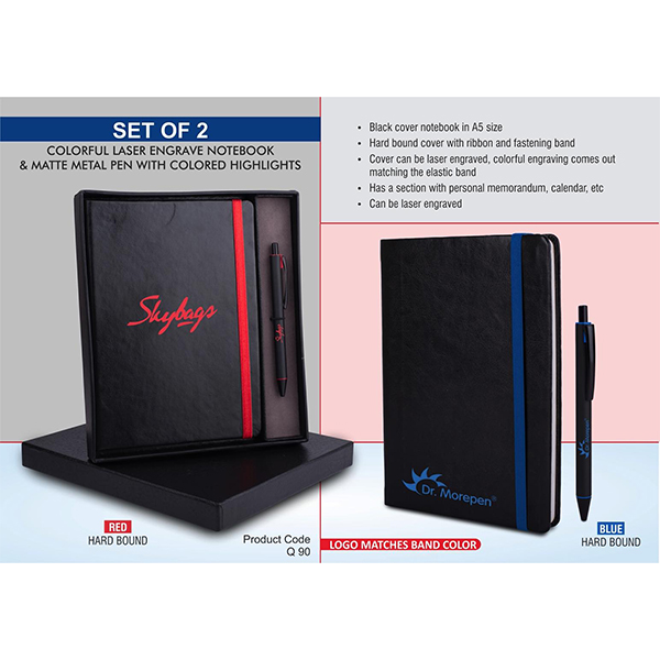 Q90 – Laser Engrave Color Notebook With Metal Highlight Pen Gift Set In Premium Box