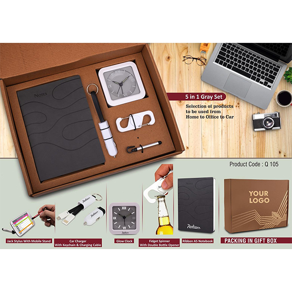 Q105 – 5 In 1 Gray Set: Spinner With Bottle Opener, Keychain With Car Charger And Cable, Jack Stylus With Phone Stand, Glow Clock And A5 Pu Notebook In Kraft Gift Box