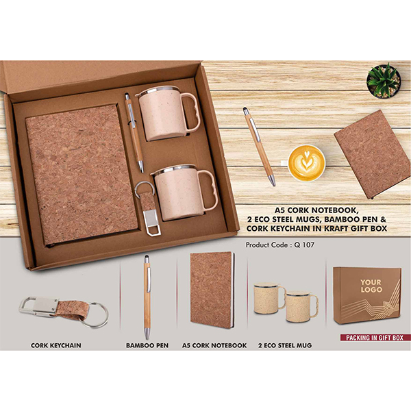 Q107 – Ecoset 1: Set Of A5 Cork Notebook, 2 Eco Steel Mugs, Bamboo Pen & Cork Keychain In Kraft Gift Box
