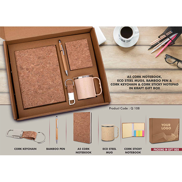Q108 – Ecoset 2: Set Of A5 Cork Notebook, Eco Steel Mug, Bamboo Pen, Cork Keychain & Cork Sticky Notepad In Kraft Gift Box