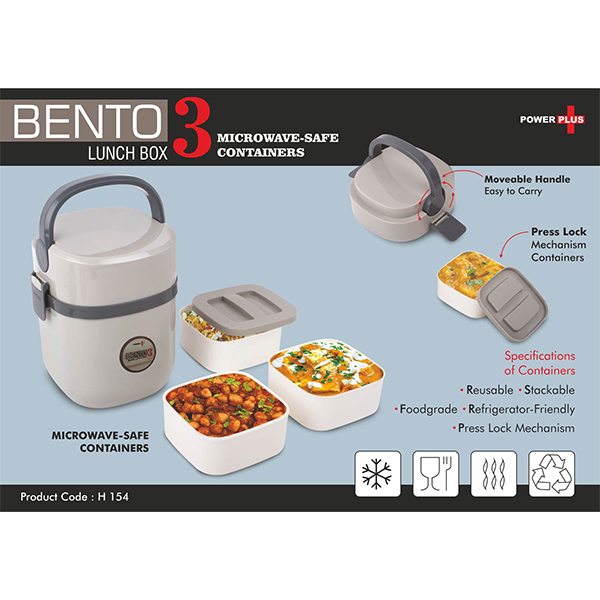 H154 – Bento Travel Lunch Box With 3 Plastic Containers | Press Lock Mechanism | Square Containers