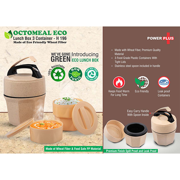 H196 – Octomeal Eco: 3 Plastic Container Lunch Box With Spoon | Made From Eco Friendly Material | 100% Recyclable