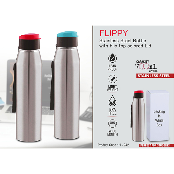 H242 – Flippy Stainless Steel Bottle With Flip Top Colored Lid | Capacity 0.7Ml Approx