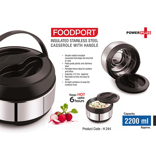 H244 – Foodport: Insulated Stainless Steel Casserole With Handle | Keeps Hot For Upto 6 Hours | Capacity 2200Ml Approx