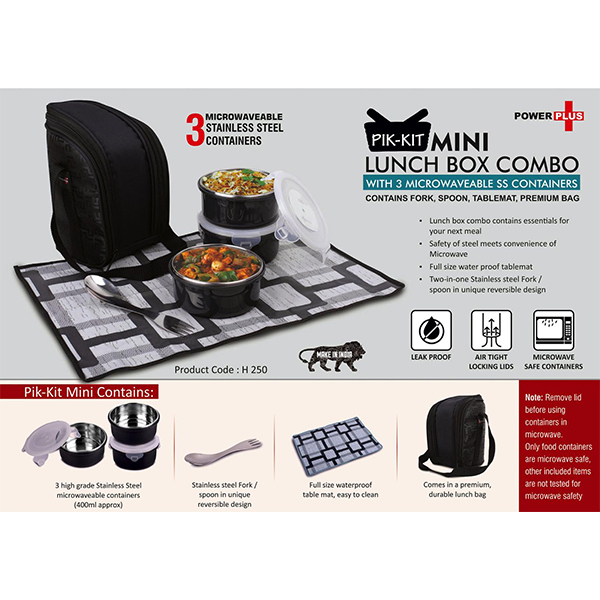 H250 – Pik-Kit Mini: Lunch Box Combo With 3 Microwaveable Ss Containers | Contains Fork, Spoon, Tablemat, Premium Bag