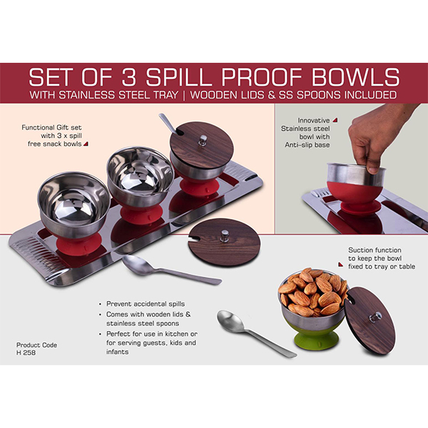 H258 – Set Of 3 Spill Proof Bowls With Stainless Steel Tray | Wooden Lids & Ss Spoons Included