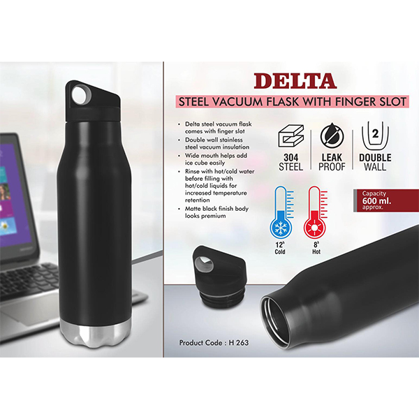 H263 – Delta Steel Vacuum Flask With Finger Slot | 304 Steel Inside | Capacity 600 Ml Approx