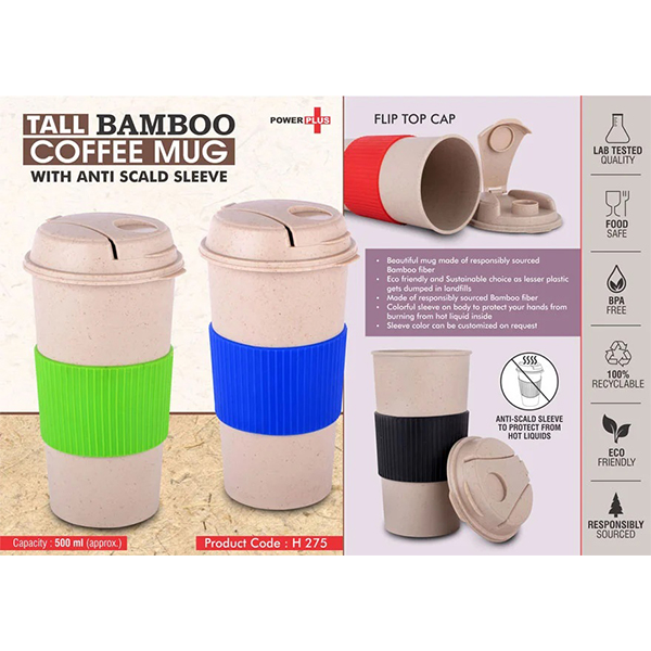 H275 – Tall Bamboo Coffee Mug: Eco Friendly Mug With Flip Top Lid And Anti-Scald Sleeve | Capacity 500 Ml