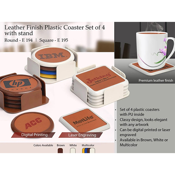 E194 – Leather Finish Plastic Coaster Set Of 4 With Stand (Round)