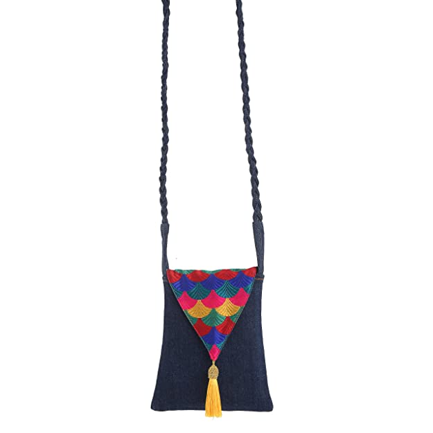 Embroidered Flap Detail Denim Braided Cross-Body