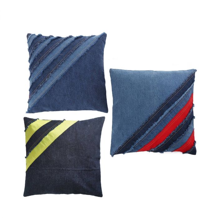 Fringe Detail Denim Cushion Cover With Green Patchwork (Set Of 2)
