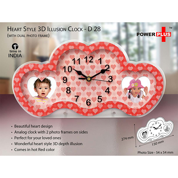 D28 – Heart Style 3D Illusion Clock With Dual Photo Frame