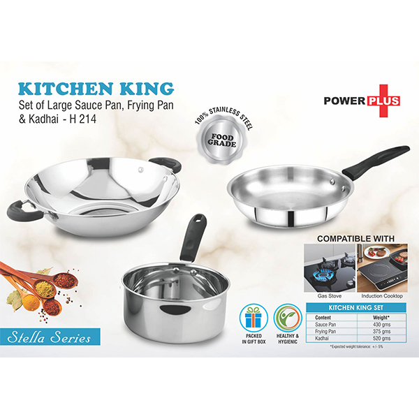 H214 – Kitchen King: Set Of Large Sauce Pan, Frying Pan And Kadhai In Gift Box | Made Of Stainless Steel