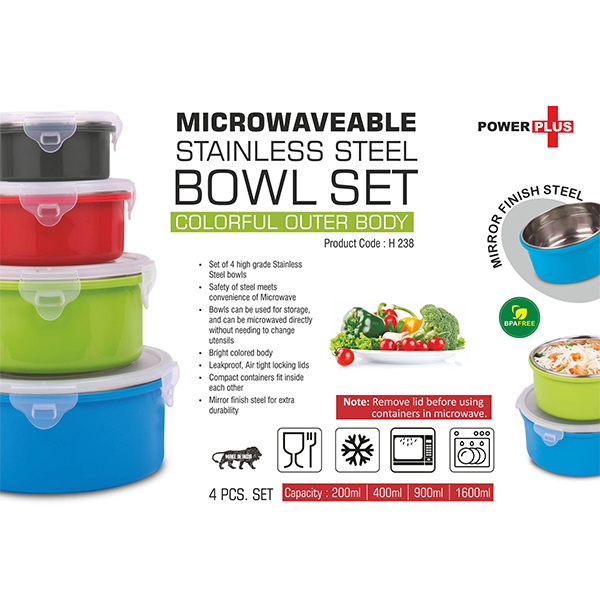 H238 – 4 Pc Microwaveable Stainless Steel Bowl Set | Colorful Outer Body | Capacity: 200, 400, 900 And 1600 Ml