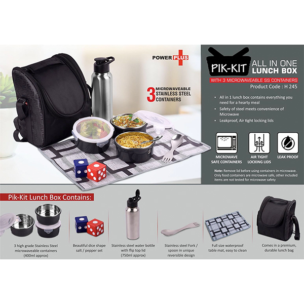 H245 – Pik-Kit: All In 1 Lunch Box With 3 Microwaveable Ss Containers | Contains Ss Bottle, Salt Pepper Set, Fork, Spoon, Tablemat, Premium Bag
