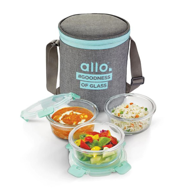 390Ml X 3 Allo Foodsafe Microwave Oven Safe Glass Lunch Box With Canvas Grey Tiffin Bag