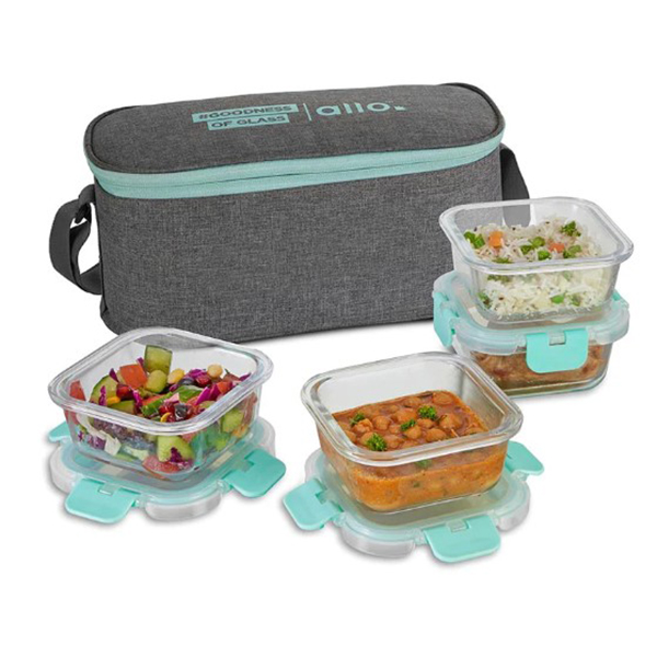 310Ml X 4 Allo Foodsafe Microwave Oven Safe Glass Lunch Box With Canvas Grey Tiffin Bag
