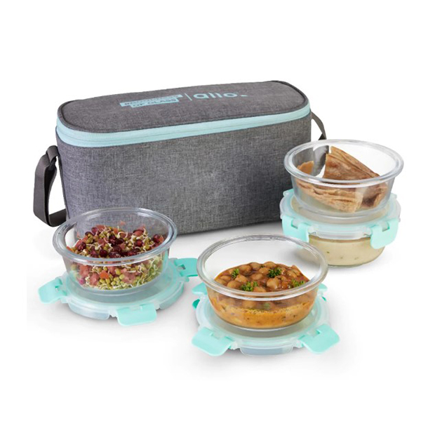 390Ml X 4 Allo Foodsafe Microwave Oven Safe Glass Lunch Box With Canvas Grey Tiffin Bag