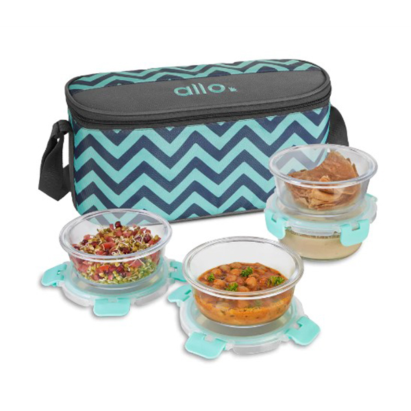 390Ml X 4 Allo Foodsafe Microwave Oven Safe Glass Lunch Box With Chevron Mint Tiffin Bag