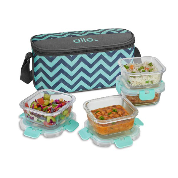 310Ml X 4 Allo Foodsafe Microwave Oven Safe Glass Lunch Box With Chevron Mint Tiffin Bag