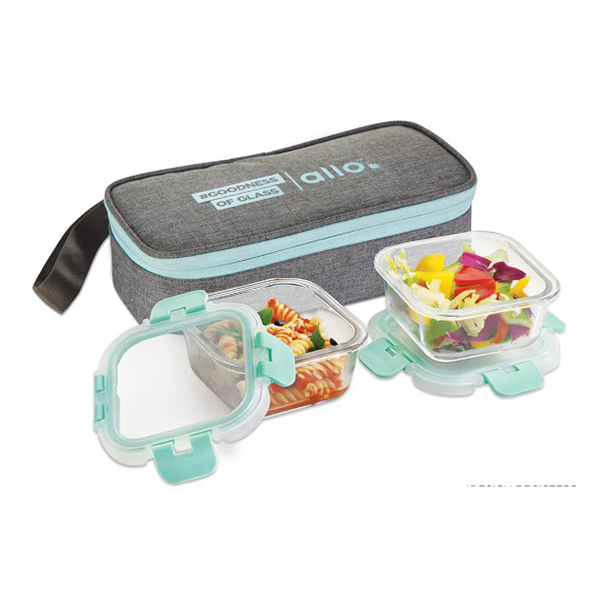 310Ml X 2 Al+B97Lo Foodsafe Microwave Oven Safe Glass Lunch Box With Canvas Grey Tiffin Bag